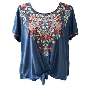 Johnny Was Embroidered Blue Tie Front Top Large